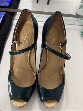 COACH Teal Patent Leather Mary Jane Peep-Toe Heels